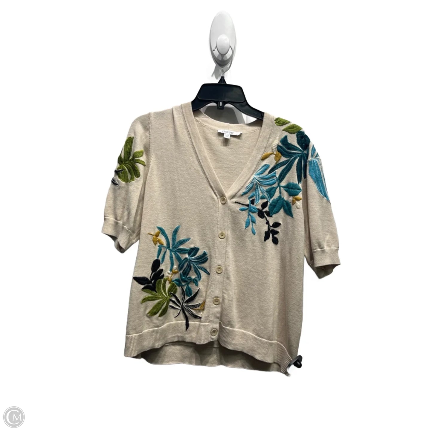 Sweater Cardigan By Chicos In Blue & Cream, Size: L