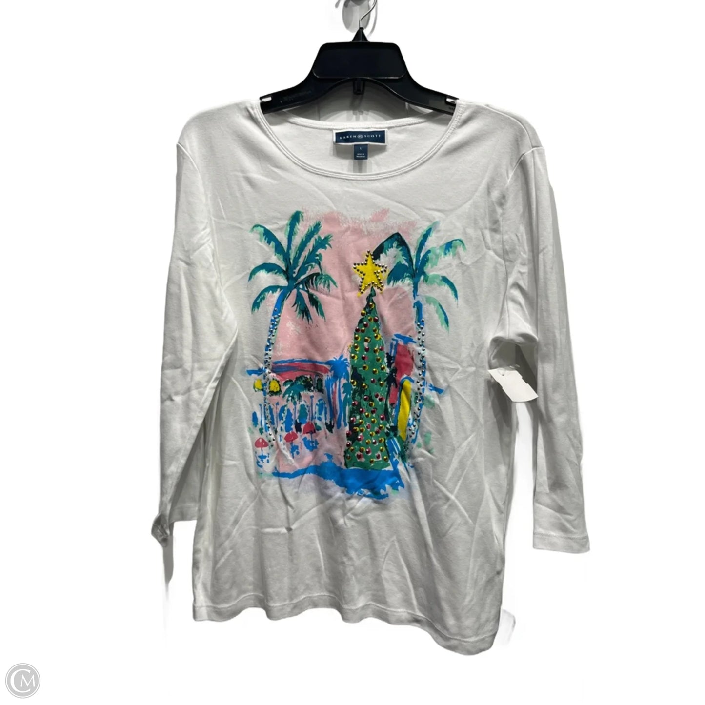 Top Long Sleeve Basic By Karen Scott In Pink & White, Size: L