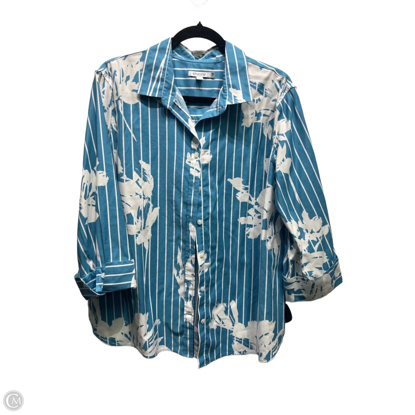 Top 3/4 Sleeve By Chicos In Blue & White, Size: 16