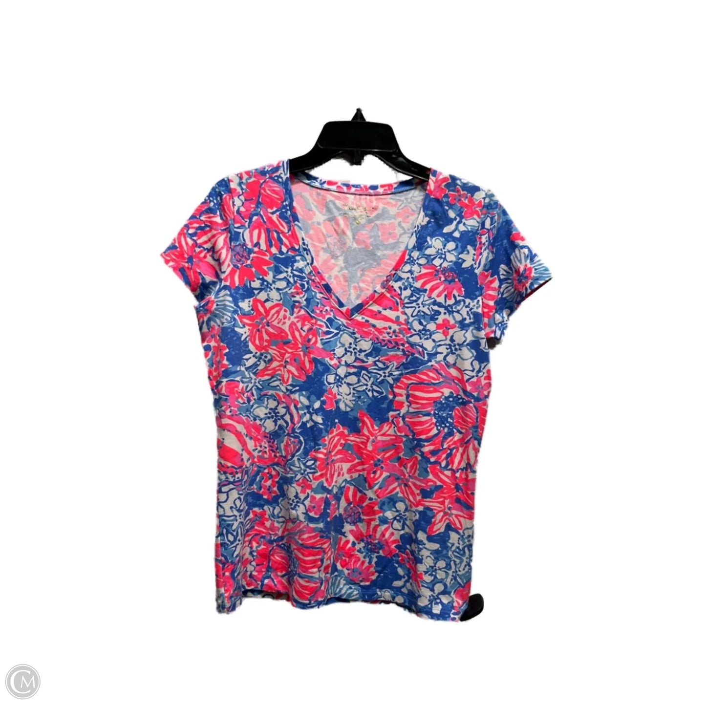Top Short Sleeve Designer By Lilly Pulitzer In Blue & Pink, Size: M