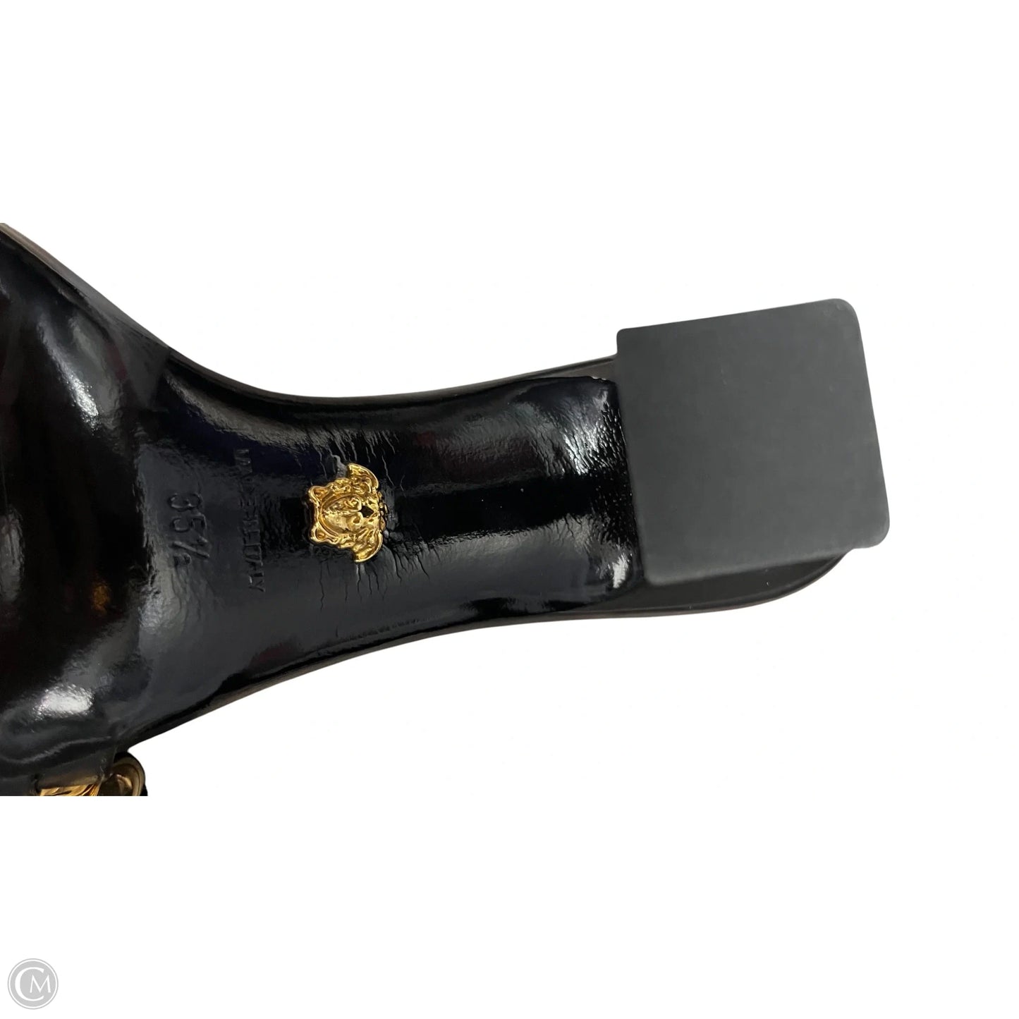 Sandals Luxury Designer By Versace In Black & Gold, Size: 5.5