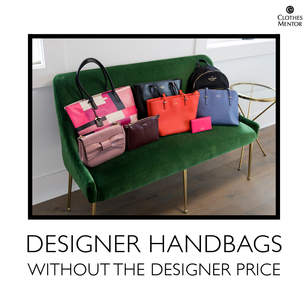 Collection of colorful handbags on a green couch with text 'Designer Handbags Without the Designer Price' and brand name 'Clothes Mentor'.