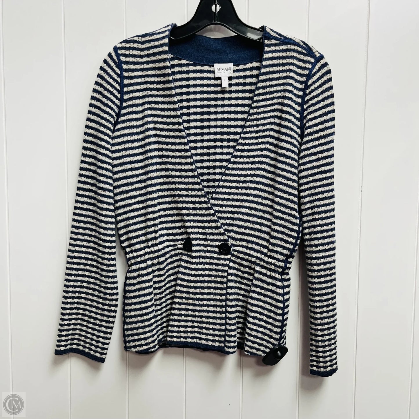 Sweater Cardigan By Armani Collezoni In Blue & White, Size: 2