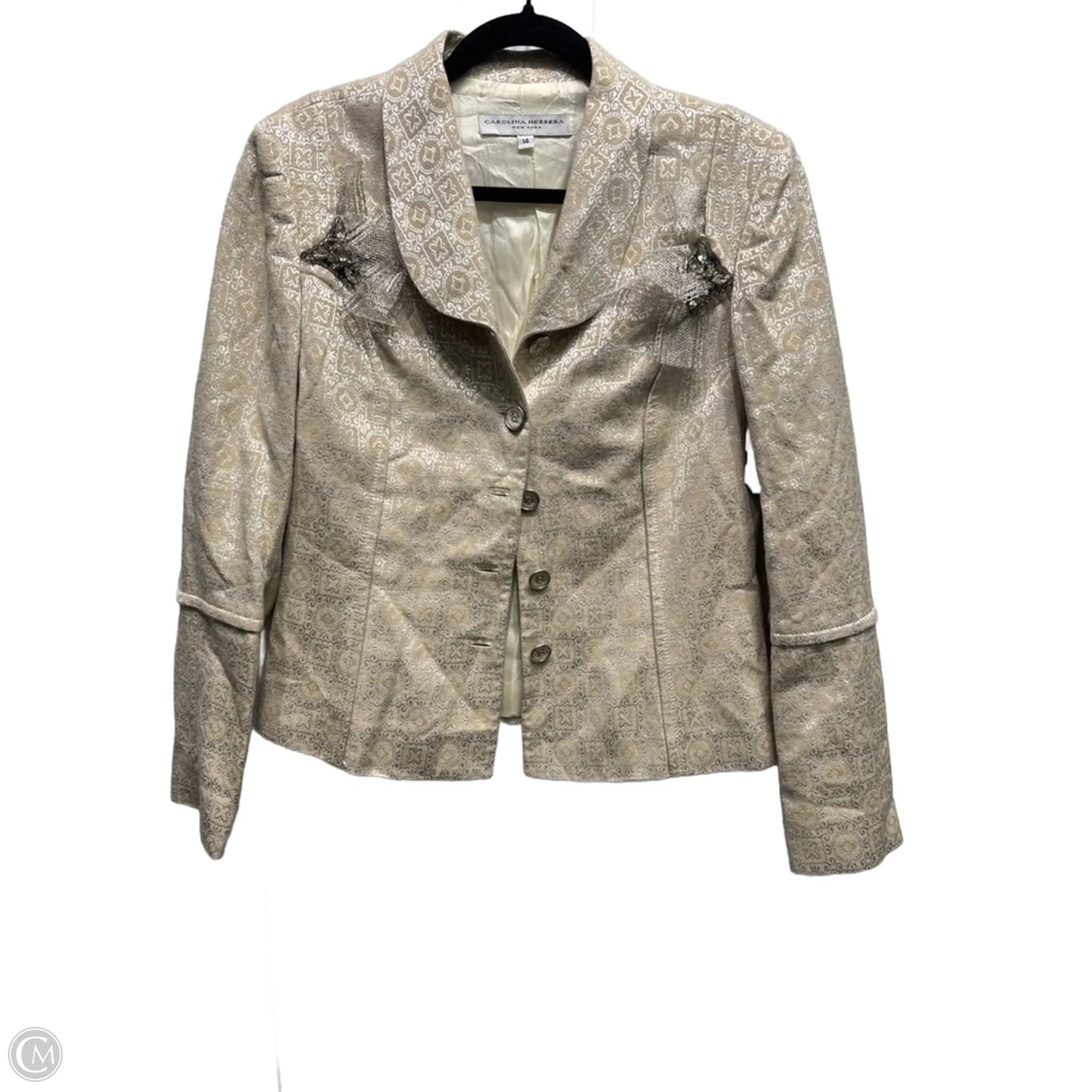 Blazer Designer By Carolina Herrera In Cream & Silver, Size: 14