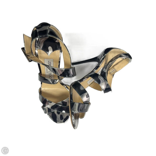 Sandals Luxury Designer By Jimmy Choo In Black & Silver, Size: 6