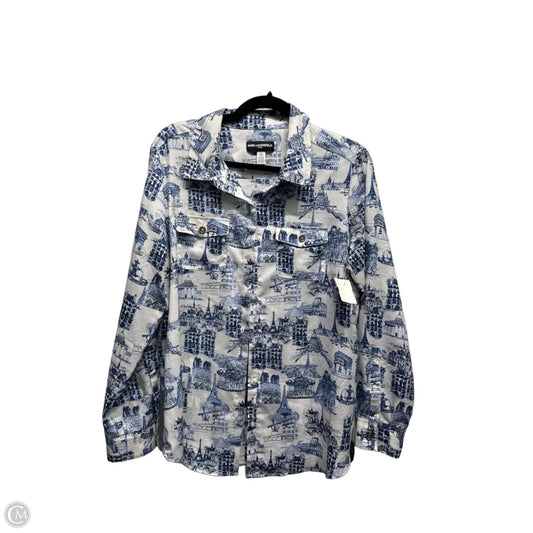 Top Long Sleeve Designer By Karl Lagerfeld In Blue & White, Size: L