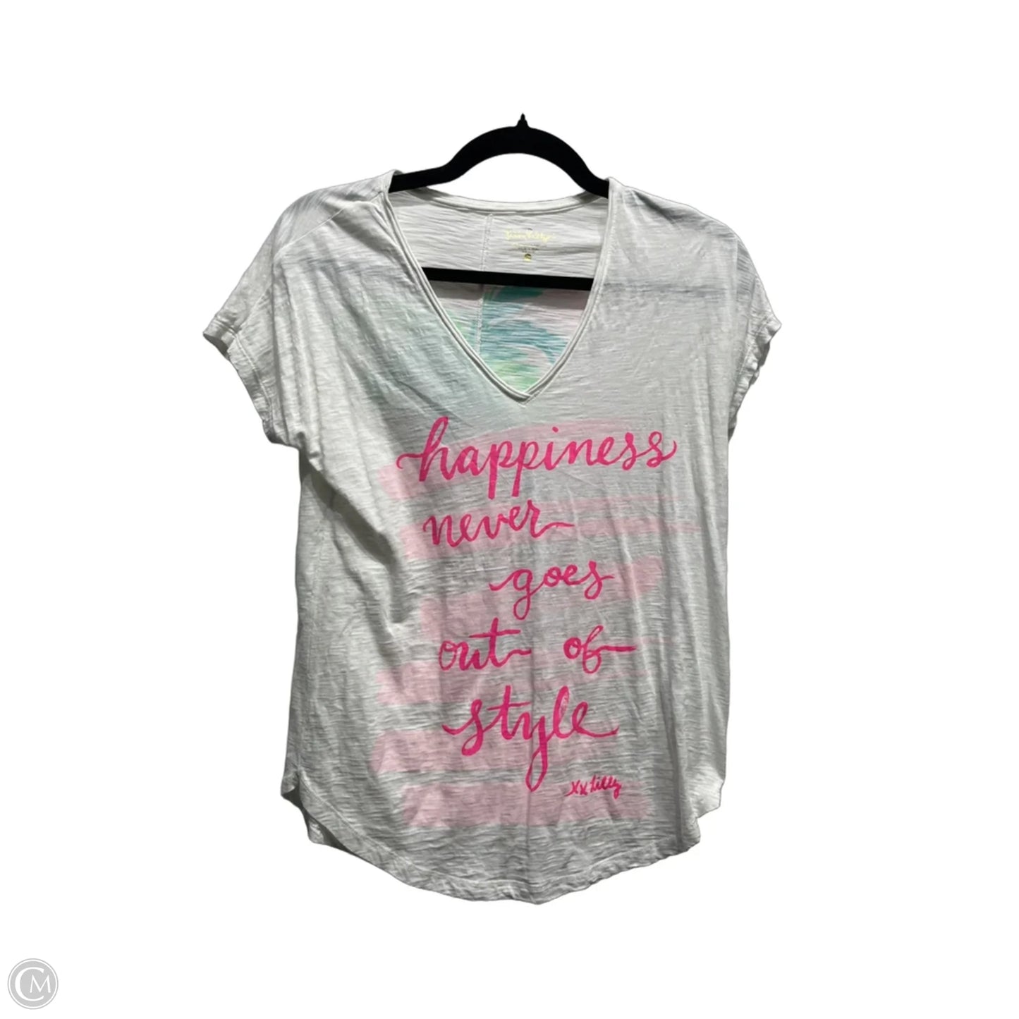 Top Short Sleeve Designer By Lilly Pulitzer In Pink & White, Size: Xxs