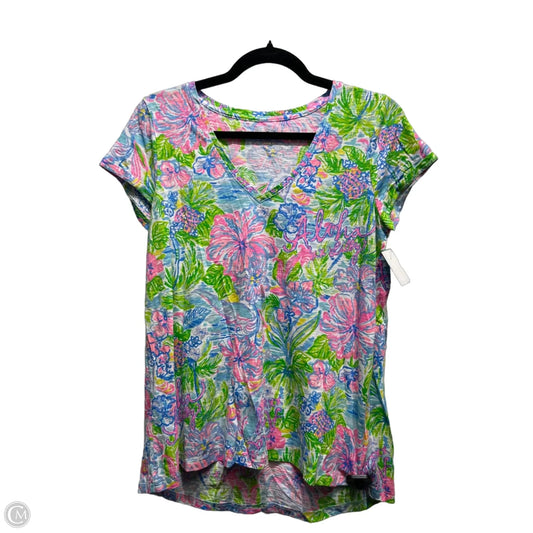 Top Short Sleeve Designer By Lilly Pulitzer In Green & Pink, Size: M