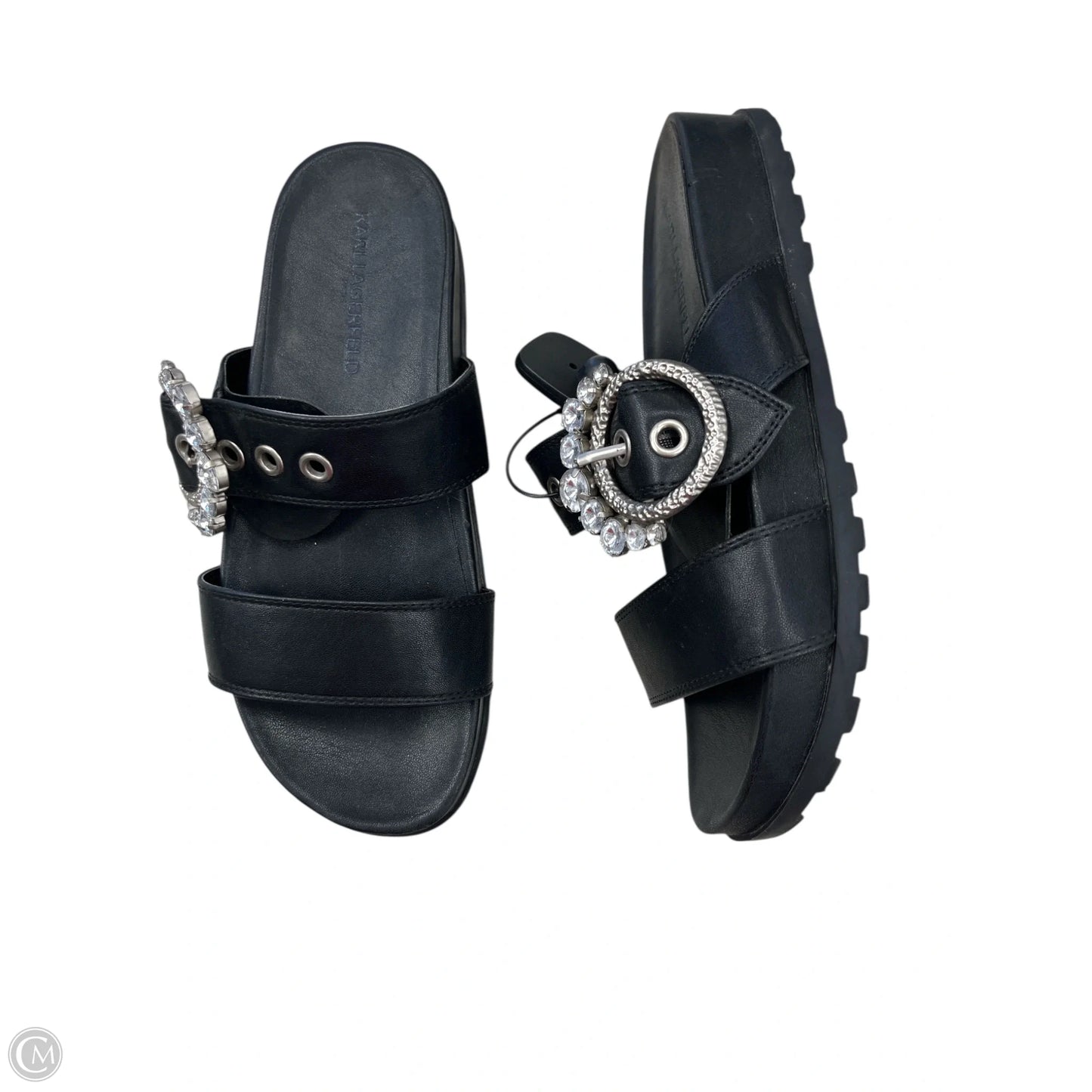 Sandals Designer By Karl Lagerfeld In Black & Silver, Size: 7