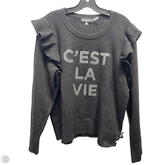 Sweater Cardigan Designer By Karl Lagerfeld In Black & Silver, Size: L