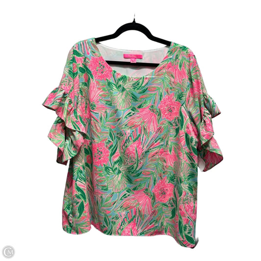 Top Short Sleeve Designer By Lilly Pulitzer In Green & Pink, Size: Xl