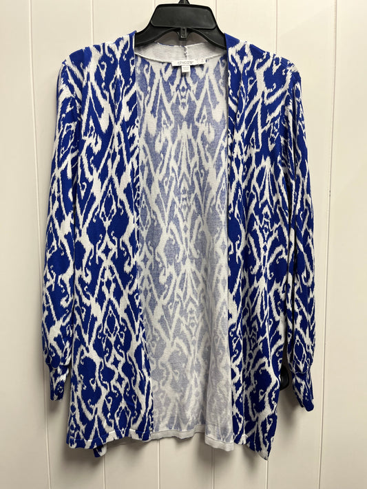 Sweater Cardigan By Chicos In Blue & White, Size: L