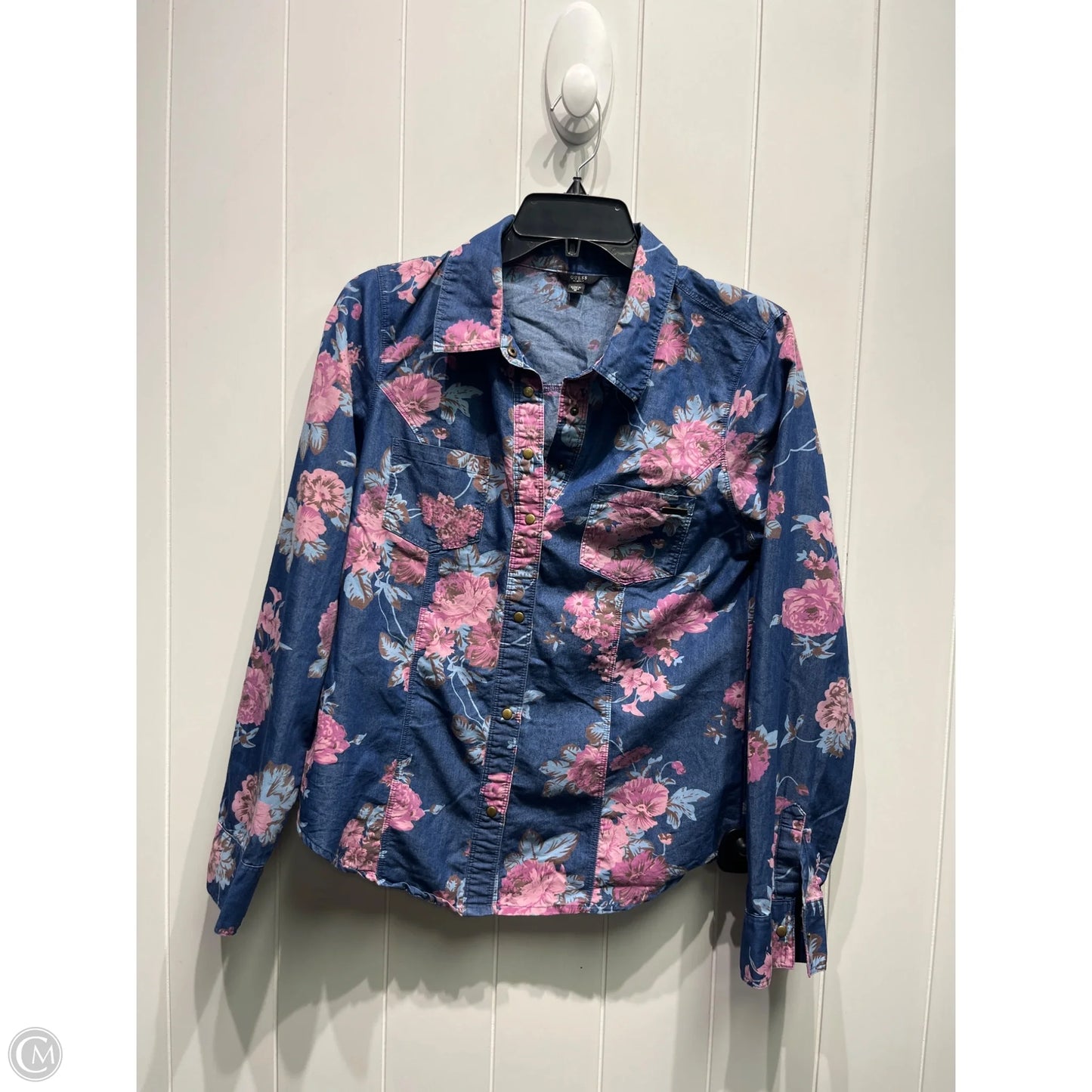 Top Long Sleeve By Guess In Blue & Pink, Size: M