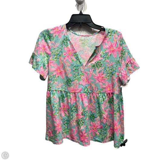 Top Short Sleeve Designer By Lilly Pulitzer In Green & Pink, Size: S