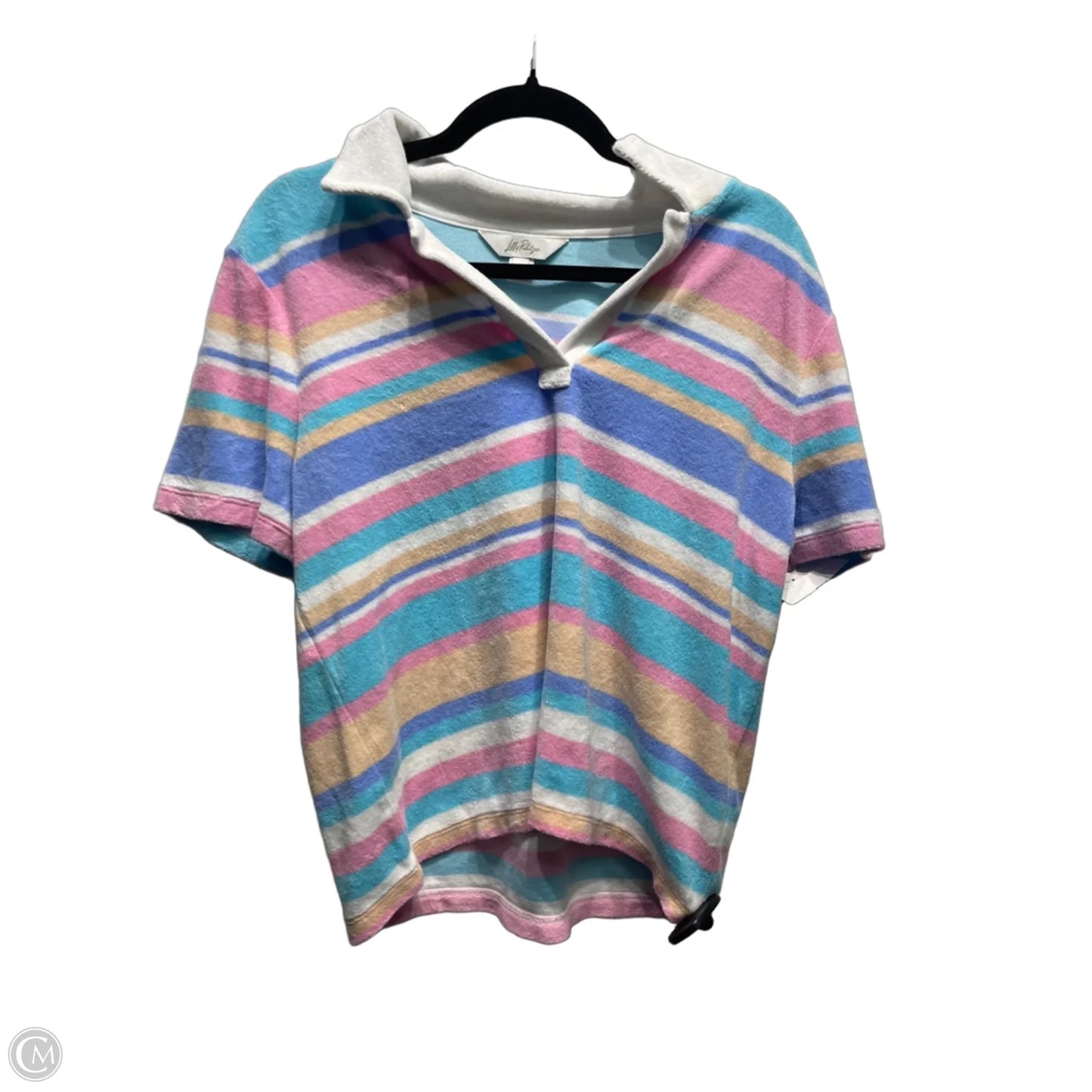 Top Short Sleeve Designer By Lilly Pulitzer In Blue & Pink, Size: L