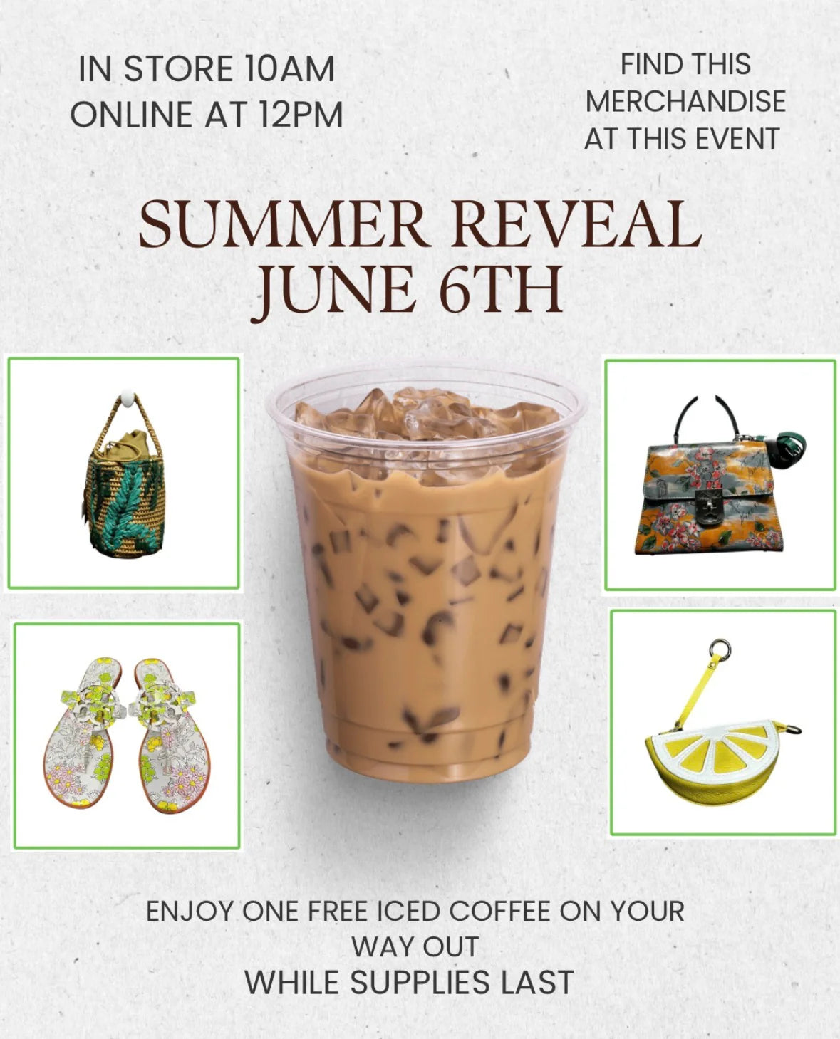 Promotional flyer for a 'Summer Reveal' event with an iced coffee cup and accessories.